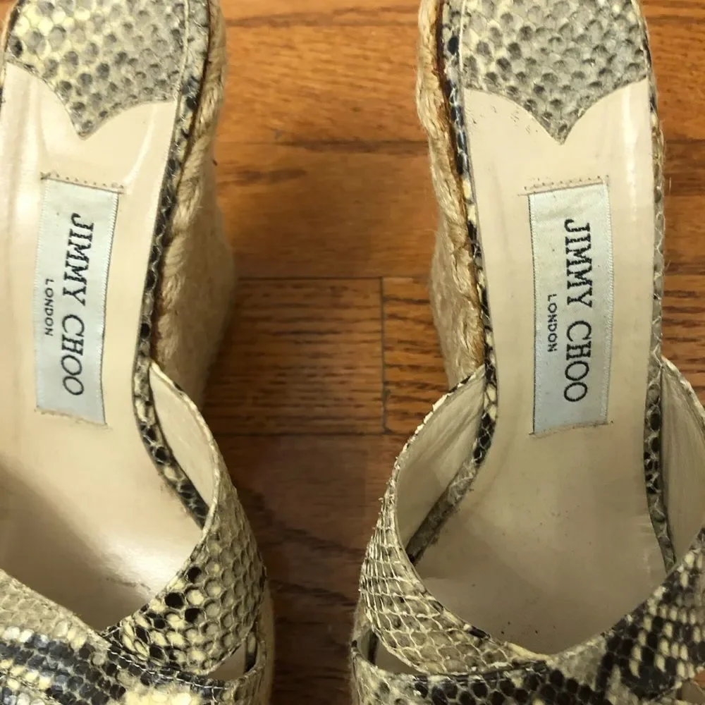 Jimmy Choo Beige and Black Snakeskin Espadrille Wedge Sandals